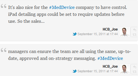 It's also nice for the #MedDevice company to have control. iPad detailing apps could be set to require updates before use. So the sales managers can ensure the team are all using the same, up-to-date, approved and on-strategy messaging.